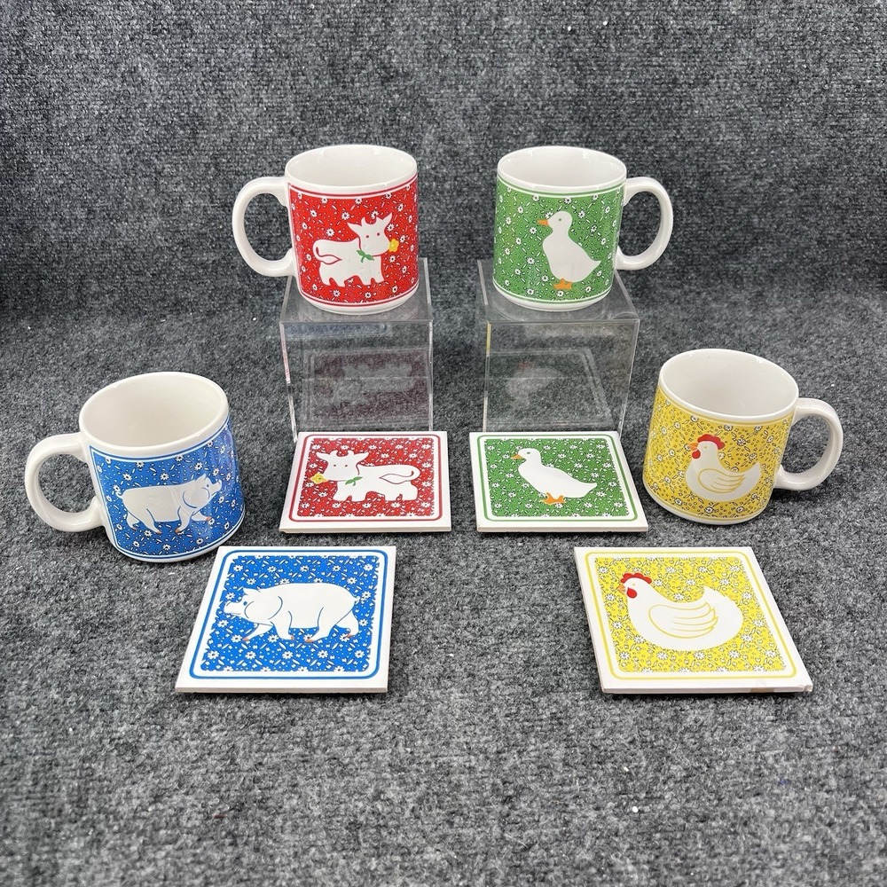 Vintage JSNY Country Calico Farm Animal Mugs & Tile Trivets Set of 8 Cottagecore